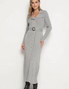 elsa.m by may Rochie Vâscoză Gri din Tricot Plisat cu Centură și Buzunare Cetita