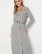 elsa.m by may Rochie Vâscoză Gri din Tricot Plisat cu Centură și Buzunare Cetita