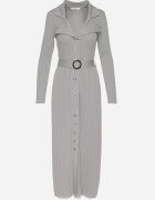 elsa.m by may Rochie Vâscoză Gri din Tricot Plisat cu Centură și Buzunare Cetita