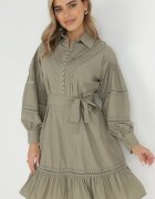 elsa.m by may Rochie Verde închis tip cămașă cu mânecă bufantă și inserții perforate Staples