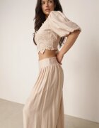 elsa.m by may Set boho de vară din vâscoză: bluză cu dantelă și pantaloni cu manșete Enatea Bej