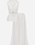 elsa.m by may Set elegant în stil de costum cu fustă trapez lungă și vestă cu guler și curea Pentha Alb