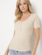 elsa.m by may Tricou Bej Striat din Bumbac Decorat cu Nasturi Tasavia