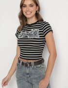 elsa.m by may Tricou din bumbac alb-negru în dungi cu aplicație din denim și inscripția Velviola