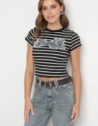 elsa.m by may Tricou din bumbac alb-negru în dungi cu aplicație din denim și inscripția Velviola
