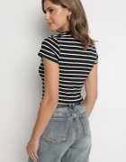 elsa.m by may Tricou din bumbac alb-negru în dungi cu aplicație din denim și inscripția Velviola