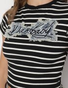elsa.m by may Tricou din bumbac alb-negru în dungi cu aplicație din denim și inscripția Velviola