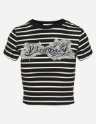 elsa.m by may Tricou din bumbac alb-negru în dungi cu aplicație din denim și inscripția Velviola