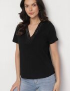 elsa.m by may Tricou Negru din Bumbac cu Viscoză și Decorație Perforată Alivira