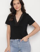 elsa.m by may Tricou Negru din Bumbac cu Viscoză și Decorație Perforată Alivira
