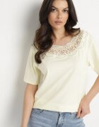 emt T-shirt Galben Oversize cu Dantelă decorativă și Perle Elanoriel
