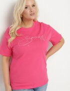 emt Tricou din bumbac roz cu text decorativ și pietre Olisandra