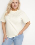 emt Tricou Galben de Bumbac cu Text Decorativ și Zirconii Olisandra