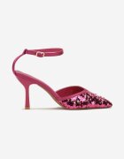  Escarpini de satin fucsia cu paiete și toc pisicuță Ocerdia
