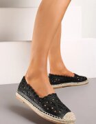  Espadrile negre cu parte superioară perforată și talpă plată împletită Plicia