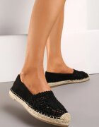  Espadrile Negre pe Talpă Plată Împletită cu Bot Perforat Qianatia