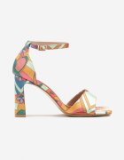 fashion belle Sandale Portocalii cu Toc Gros Decorate cu Model Abstract Gavineas