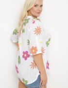 fashion Cămașă albă din In și Bumbac cu Imprimeu Floral cu Mânecă Scurtă Ambubia
