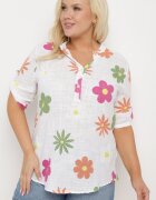 fashion Cămașă albă din In și Bumbac cu Imprimeu Floral cu Mânecă Scurtă Ambubia