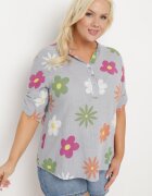 fashion Cămașă Gri din In și Bumbac Florală cu Mânecă Scurtă Ambubia