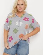 fashion Cămașă Gri din In și Bumbac Florală cu Mânecă Scurtă Ambubia