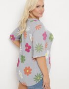 fashion Cămașă Gri din In și Bumbac Florală cu Mânecă Scurtă Ambubia