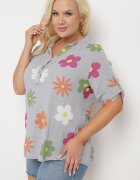 fashion Cămașă Gri din In și Bumbac Florală cu Mânecă Scurtă Ambubia