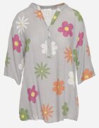 fashion Cămașă Gri din In și Bumbac Florală cu Mânecă Scurtă Ambubia