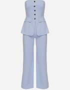 fashion Compleu Albastru Top cu Bască și nasturi decorativi și Pantaloni Largi Palesia