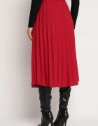 fashion Fustă Roșie Plisată Decorată cu Cordon cu Cataramă Rotundă Sanelle