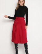 fashion Fustă Roșie Plisată Decorată cu Cordon cu Cataramă Rotundă Sanelle