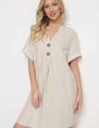 fashion Rochie Bej deschis din bumbac cu croială dreaptă cu mânecă scurtă și nasturi Elaniwen