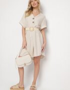 fashion Rochie Bej deschis din bumbac cu croială dreaptă cu mânecă scurtă și nasturi Elaniwen
