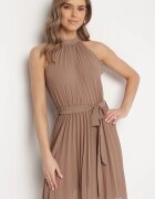 fashion Rochie bej plisată mini cu curea textilă cu închidere la gât Xaliarra
