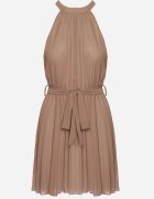 fashion Rochie bej plisată mini cu curea textilă cu închidere la gât Xaliarra
