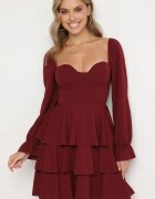 fashion Rochie Evazată Bordo cu Volane și Mâneci Bufante Semithara