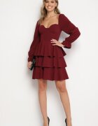 fashion Rochie Evazată Bordo cu Volane și Mâneci Bufante Semithara