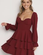 fashion Rochie Evazată Bordo cu Volane și Mâneci Bufante Semithara