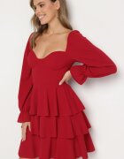 fashion Rochie Evazată Roșie cu Volane și Mâneci Bufante Semithara