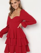 fashion Rochie Evazată Roșie cu Volane și Mâneci Bufante Semithara