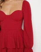 fashion Rochie Evazată Roșie cu Volane și Mâneci Bufante Semithara