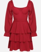fashion Rochie Evazată Roșie cu Volane și Mâneci Bufante Semithara