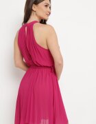fashion Rochie Fucsia Plisată Mini cu curea textilă cu închidere la gât Xaliarra