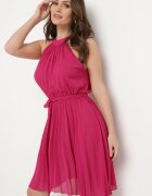 fashion Rochie Fucsia Plisată Mini cu curea textilă cu închidere la gât Xaliarra