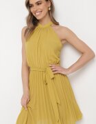 fashion Rochie Galbenă Plisată Mini cu Curea din material cu Închidere la gât Xaliarra