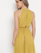 fashion Rochie Galbenă Plisată Mini cu Curea din material cu Închidere la gât Xaliarra