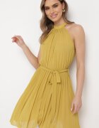 fashion Rochie Galbenă Plisată Mini cu Curea din material cu Închidere la gât Xaliarra