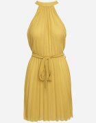 fashion Rochie Galbenă Plisată Mini cu Curea din material cu Închidere la gât Xaliarra