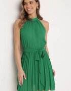 fashion Rochie Mini Plisată Verde cu Curea din Material cu Închidere la Gât Xaliarra