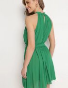 fashion Rochie Mini Plisată Verde cu Curea din Material cu Închidere la Gât Xaliarra